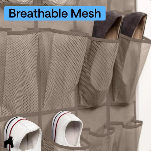 Over The Door Shoe Organizer With 24 Large Breathable Mesh Pockets And 40 Lbs Weight Capacity, beige with shoes