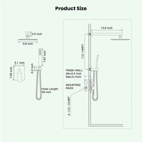Dimensions of 10 Inch Rainfall Shower Head and Wall Mounted Handle Set in Brushed Nickel Solid Brass Pressure Balancing Shower Mixer Valve