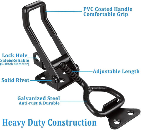 8 Piece Toggle Latch Set With Adjustable Cabinet Lever Handles for secure closures, heavy duty galvanized steel construction, PVC handle