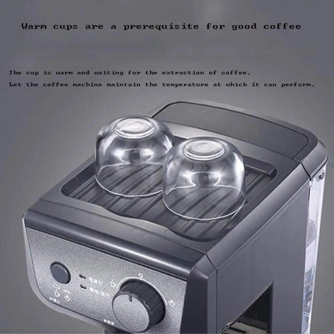 Top view of Semi Automatic Espresso Machine With 15 Bar High Pressure Extraction showing cup warmer with glass cups