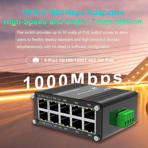 Industrial 8-Port 10/100/1000T PoE Plus 2-Port 10/100/1000T Din Rail Mount Go-To Gigabit Ethernet Switch with 240W PoE budget
