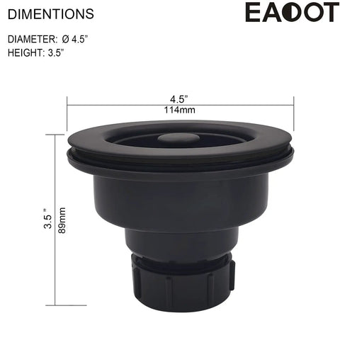 Matte Black Three And A Half Inch Sink Drain Assembly With Basket Strainer And Stopper For Quartz Granite Or Fireclay Kitchen Sinks Easy Install Durable Polymeric Construction dimensions shown