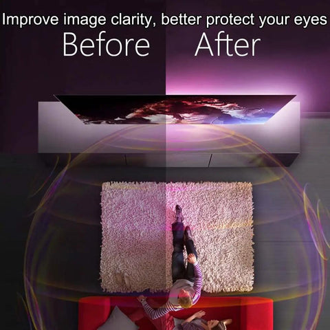 Comparative image of TV with and without Lit USB Powered LED Strip Lights for improved image clarity and ambiance.