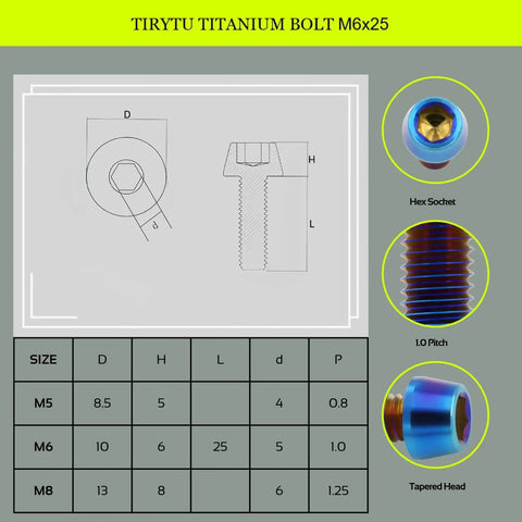 Diagram displaying Ultra Lightweight Titanium M6x25mm Bolts 4 Pack Hex Socket Screws For Motorcycle And Bicycle CNC Upgrades Burnt Blue Finish