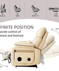 Cozy Dual Motor Electric Lift Recliner Chair With Lumbar Heating And Massage For Seniors, Infinite Lay Flat Comfort Plus USB Type-C Ports And Foldable Tray Table showing adjustable positions and controls.