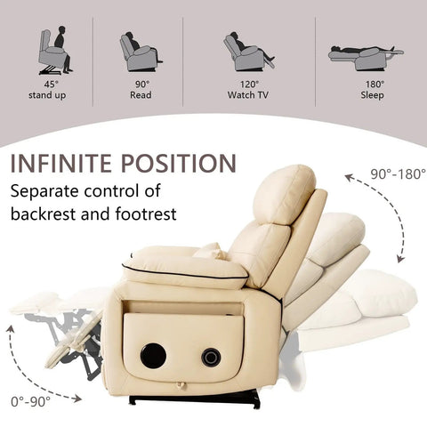 Cozy Dual Motor Electric Lift Recliner Chair With Lumbar Heating And Massage For Seniors, Infinite Lay Flat Comfort Plus USB Type-C Ports And Foldable Tray Table showing adjustable positions and controls.