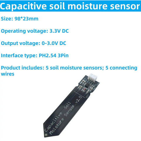 Capacitive soil moisture sensor with 3-pin PH2.54 interface, 0-3.0V output for Arduino and Raspberry Pi DIY projects.
