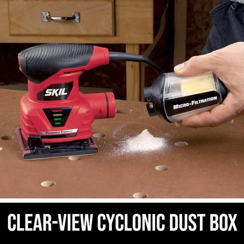 Corded Quarter Sheet Palm Sander With Solid 2 Amp Motor For Smooth Wood Refinishing And Drywall Sanding Fingertip Control Easy Glide Action displayed with clear-view cyclonic dust box.