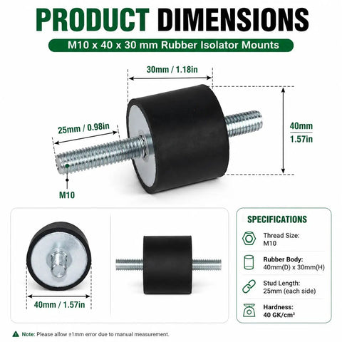4 Pack Tough As Nails M10 Double Stud Rubber Isolation Mounts Heavy Duty Anti Vibration Shock Absorbers dimensions displayed