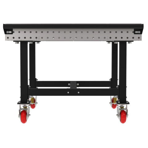 Rock Solid Mobile Welding Fixture Table Featuring Precision Laser Grid Holes 48 By 48 By 36 Inches and sturdy frame with rolling wheels.