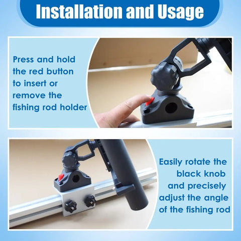 3 Pole Fishing Rod Holder With Aluminum 90 Degree Track Bracket Base, 360 Degree Rotating Deck Or Side Mount For Versatrack And Ranger Track Systems, Heavy Duty Boat Track Bracket installed on boat track rail