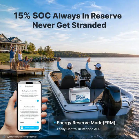 Two people in a boat with Heavy Duty 12V Lithium Battery 165Ah Deep Cycle Packs 1200 CCA for energy reserve in marine settings.