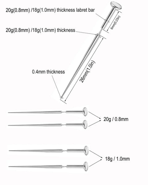 4Pcs Threadless Piercing Change Tool Kit for 18G and 20G Insertion Pins, 316L Surgical Stainless Steel, dimensions shown