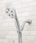 Chrome Chelsea Anystream 360 Multi Function Handheld Shower Head With 2.5 GPM Flow installed on tile wall