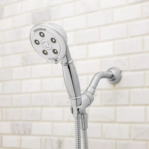 Chrome Chelsea Anystream 360 Multi Function Handheld Shower Head With 2.5 GPM Flow installed on tile wall
