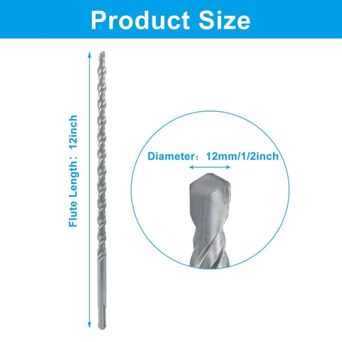 SDS Plus rotary hammer drill bit, 1/2 in diameter by 12 in length, carbide-tipped masonry bit for concrete.