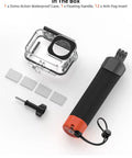 Waterproof Housing With Floating Hand Grip For Action Cameras 5 Pro 4 3 And Xtra Edge Series Top Pick Underwater Kit shown with parts