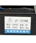 24V DC Solenoid Electromagnet for Opening Frame, Pull Push Type, Model JF-1578B, 8A Current, Beefy 5 Kg Pull Force, Compact 3.15 x 1.97 x 1.77 in Black Metal Plastic Build, black frame-mounted solenoid with label