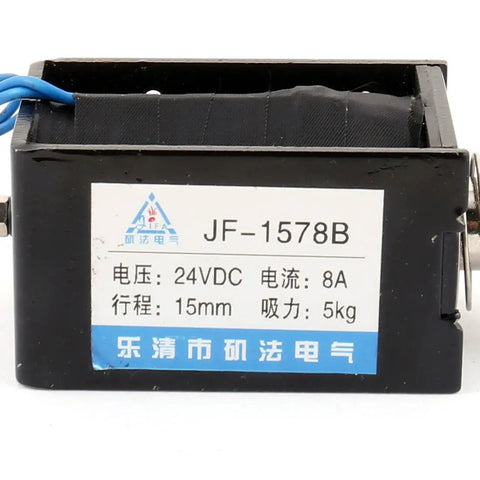 24V DC Solenoid Electromagnet for Opening Frame, Pull Push Type, Model JF-1578B, 8A Current, Beefy 5 Kg Pull Force, Compact 3.15 x 1.97 x 1.77 in Black Metal Plastic Build, black frame-mounted solenoid with label
