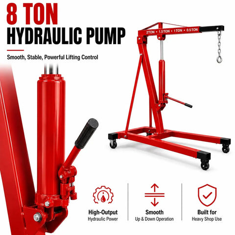 5000 Lbs Folding Engine Hoist Cherry Picker Crane Hydraulic Pump Heavy Duty Alloy Steel Frame Grease Monkey Approved For Auto Repair Shop Engine Lifting Gear That Slaps And Gets The Job Done, showing 8-ton hydraulic pump features.