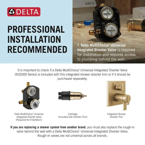Delta MultiChoice Universal Integrated Diverter Valve installation recommendations with cartridge and diverter trim