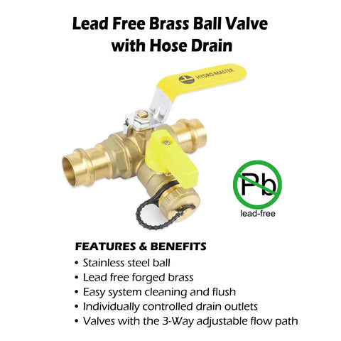 Beefy Workhorse Three Quarters Inch Press Full Port Ball Valve With Drain And Reversible Handle In Lead Free Brass Three Way T Flow