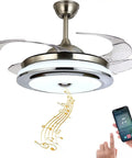 42 Inch Reversible Bluetooth Ceiling Fan With Light And Speaker, LED Dimmable Fandelier Ceiling Fan Light With Remote Control, Dope Retractable Invisible Music Player, Chandelier Style For Living Room showing retractable blades and smartphone control