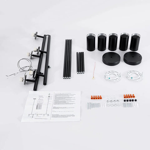 5 Light LED Track Lighting Kit In Black With Flexible Rotatable Heads components laid out for assembly