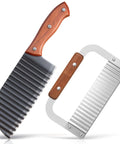 Front view of a 2-piece crinkle cutter set with wooden handles and stainless steel wavy blades