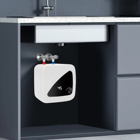 Solid Build Instant Electric Water Heater For Under Sink, 2.1 Gallon Compact Tankless Unit installed under kitchen sink.