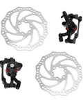 Complete Mechanical Disc Brake System For Mountain Bike Front And Rear With Forged Aluminum Calipers And Long Wear Pads, showing calipers and rotor.
