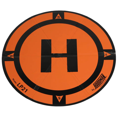 Top view of orange and black Weighted Trifold UAV Drone Landing Pad LP21 for Mini 4 Pro Mini 3 Pro Mavic Spark, labeled LP21.