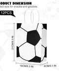 Image of 12 Pack Soccer Themed Party Favor Bags With Handles, showing dimensions 8.3"H x 6.3"L x 3.1"W, soccer design paper bags.