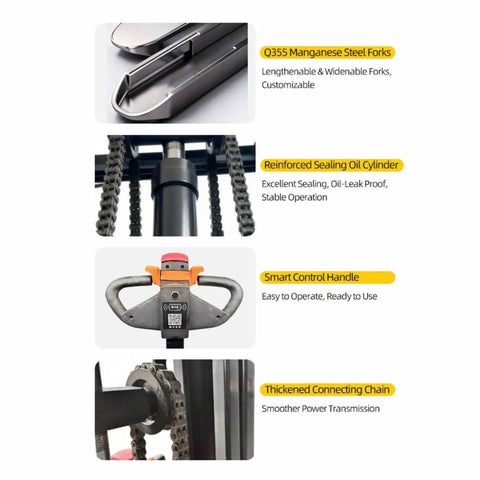 Battery Powered Electric Pallet Stacker Truck With Walk Behind Hydraulic Lift showing Q355 manganese steel forks and smart control handle.