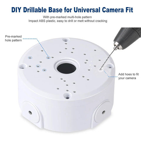 Universal Security Camera Junction Box Plastic Cable Management Box 3-Pack Fits Most Cameras Up To 4.3 Inches Dome Turret And Bullet Styles, Keeps Wires Neat And Protected For Indoor Or Outdoor Installations. DIY drillable ABS plastic camera junction box with pre-marked holes