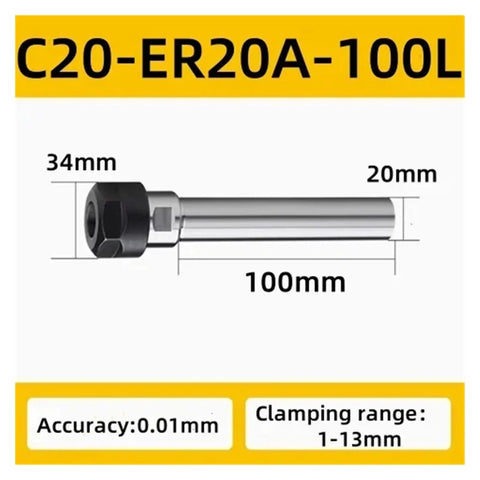 Heavy Duty ER Extension Rod For CNC Milling And Lathe Jobs With Low Runout Design For C10 C12 C16 C20 Collet Chucks showing dimensions and features.