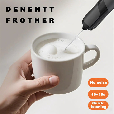 Handheld Milk Frother With Cover, 15 Second Silent Drink Mixer shown frothing milk in a white cup, compact and battery powered