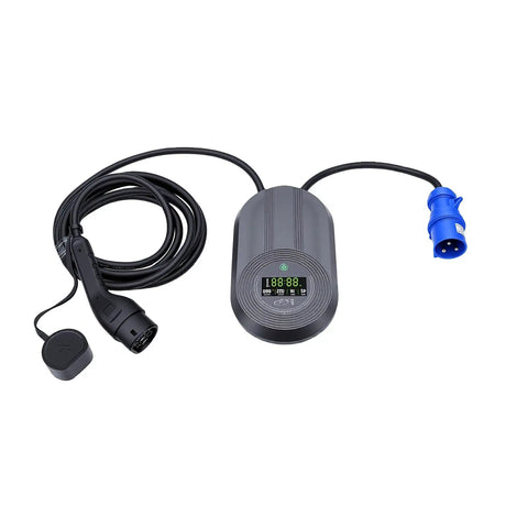 No Sweat Plug And Play Level 2 EV Charger 7kW 32A Wall Mount digital screen and charging cable with weatherproof shield.