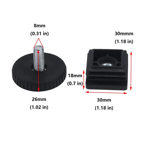 Level Out Your Workspace Essentials With These Adjustable Leveling Feet, Featuring 30X30MM Square Tube Insert Caps, Rock Solid M8 Threads Keep Everything Locked Down, Durable Plastic Metal Pair; two leveling feet sizes 30mm, black.