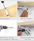 Installation process for Heavy Duty White Wall Shelf Brackets Rock Solid Angle Mounts showing bracket screws and tools.