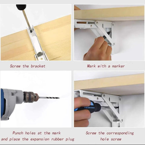 Installation process for Heavy Duty White Wall Shelf Brackets Rock Solid Angle Mounts showing bracket screws and tools.
