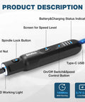 Close-up of Superior Kickass Cordless Rotary Tool Kit highlighting battery indicator, speed control, and USB charging port.