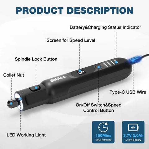 Close-up of Superior Kickass Cordless Rotary Tool Kit highlighting battery indicator, speed control, and USB charging port.