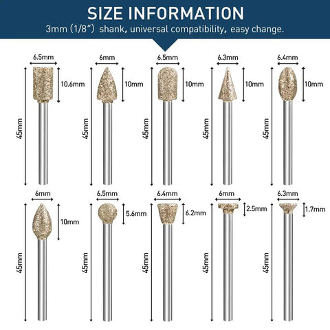 Rotary Tool Diamond Burr Bit Set, 20Pcs Diamond Coated Grinding Bits With 1/8 Inch Shank size chart showing dimensions and shapes