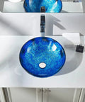 Star Blue Ocean Mystery Glass Vessel Sink For Above Counter Vanity, Starry Blue Finish, on white bathroom counter