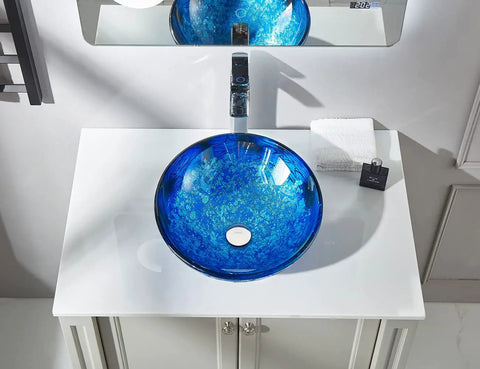 Star Blue Ocean Mystery Glass Vessel Sink For Above Counter Vanity, Starry Blue Finish, on white bathroom counter