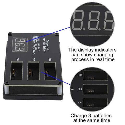 3 Bay Fast Charging Station for Tello Drone Batteries with LED display showing charging process and three battery slots