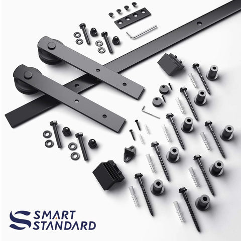 10Ft Barn Door Hardware Kit For 60 Inch Wide Doors With I Shape Hangers, includes screws, bolts, heavy duty carbon steel track