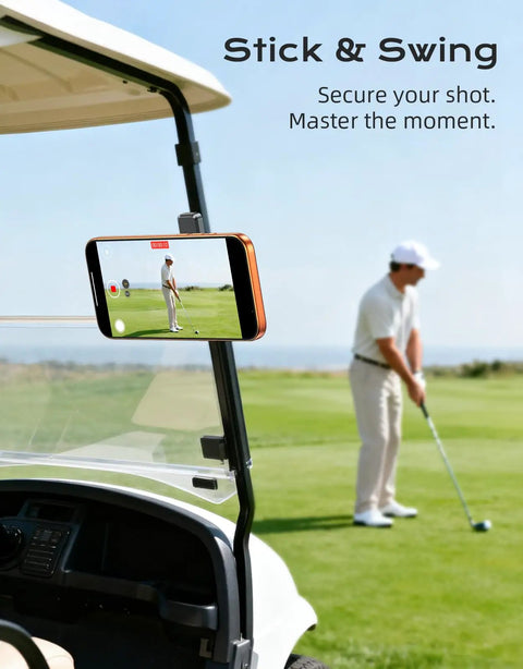 MagSafe Compatible Golf Cart Phone Holder Mount with golfer in the background on a sunny day, mounted on golf cart frame.