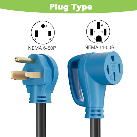 Nema 6-50P To 14-50R EV Charger Adapter Cord plugs; featuring rugged design for Tesla Level 2 Charging.